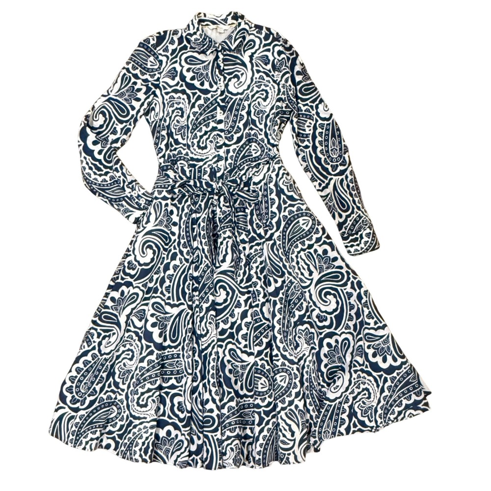Boden Navy White Paisley Cotton Shirt Dress Long Sleeve Midi US 4R UK 8R